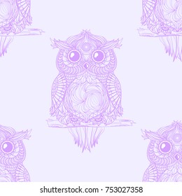 Owl. Seamless pattern. Design Zentangle. Hand drawn abstract patterns on isolation background. Design for spiritual relaxation for adults. Line art creation. Zen art. Decorative style