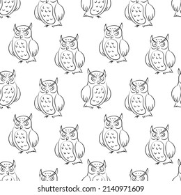 Owl seamless pattern doodle outline vector. Texture for background, label, print, packaging, merchandise, book, storefront, poster, fabric, wrapping, textile.