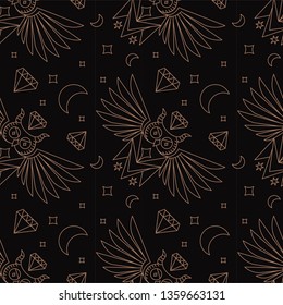 Owl seamless pattern in geometry style with ornaments. Black background. For textile and fabric.