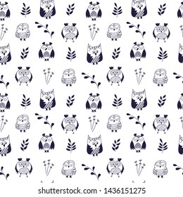 Owl Seamless Pattern. Hand Drawn Vector Illustration. Different Kinds Of Owl Doodle.