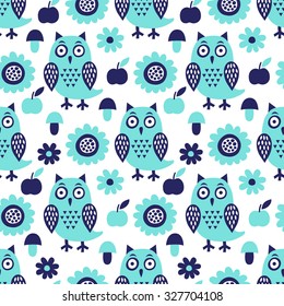 Owl seamless pattern. Surface kid decoration with colorful owls, flowers and apples.Vector illustration. Cloth design, wallpaper, wrapping.