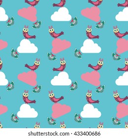 Owl seamless pattern. Surface kid decoration with colorful owls. Vector illustration. Cloth design, wallpaper, wrapping.