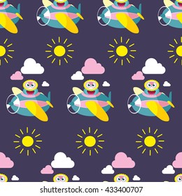 Owl seamless pattern. Surface kid decoration with colorful owls. Vector illustration. Cloth design, wallpaper, wrapping.