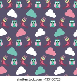 Owl seamless pattern. Surface kid decoration with colorful owls. Vector illustration. Cloth design, wallpaper, wrapping.