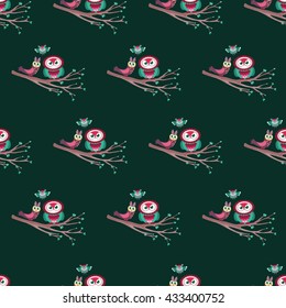 Owl seamless pattern. Surface kid decoration with colorful owls. Vector illustration. Cloth design, wallpaper, wrapping.