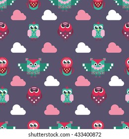 Owl seamless pattern. Surface kid decoration with colorful owls. Vector illustration. Cloth design, wallpaper, wrapping.