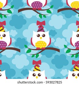 Owl seamless pattern. Surface kid decoration with colorful owls. Vector illustration. Cloth design, wallpaper, wrapping.