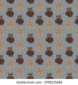Owl Seamless Pattern Vector Colored. Gray background.