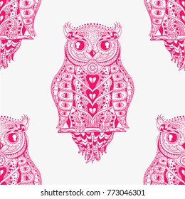 Owl. Seamless pattern. Zentangle Design. Hand drawn abstract patterns on isolation background. Zen art. Decorative style. Design for spiritual relaxation for adults. Line art creation. Art creative