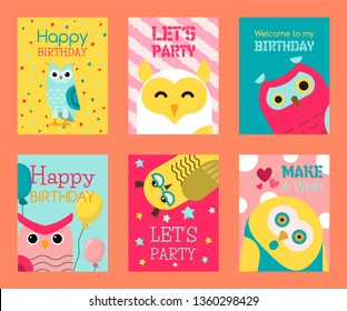 Owl set of birthday cards vector illustration. Welcome to my birthday. Make a wish. Cute cartoon wise birds with wings for invitations and celebration party. Happy birthday.