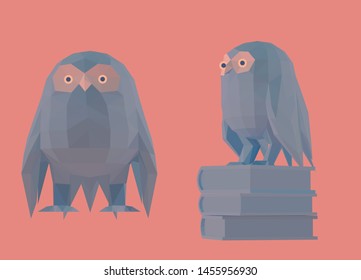 Owl. Set of Blue Owls on Red Background. Low Poly Vector 3D Rendering