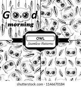 Owl set card with seamless patterns