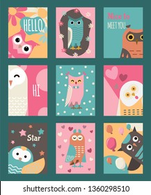 Owl set of cards or banners vector illustration. Hello, hi, how are you. Cute cartoon wise birds with wings of different color for greeting cards. Nice to meet you. Baloons, stars.