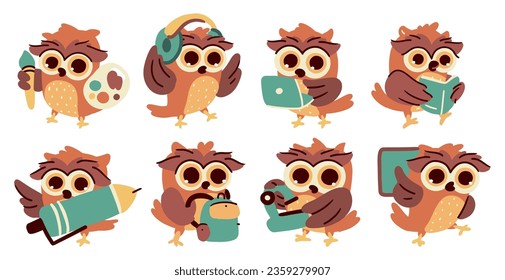 Owl . Set of cute cartoon characters . Hand drawn style . Education concept . Vector .