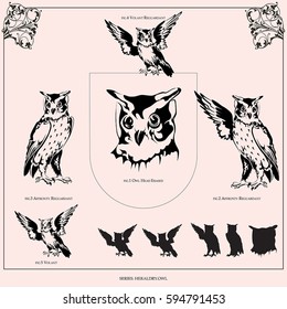 Owl. Set of heraldic figures.