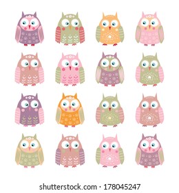 owl set isolated vector illustration animal decorative design object element 