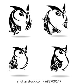 Owl set, on white background, illustration, tribal