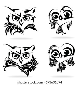 Owl set, on white background, illustration, tribal