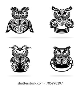 Owl set, on white background, illustration, tribal