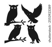 Owl set silhouette illustration in isolated white background. 