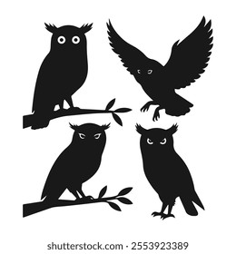 Owl set silhouette illustration in isolated white background. 