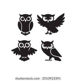 Owl set silhouette illustration in isolated white background. 