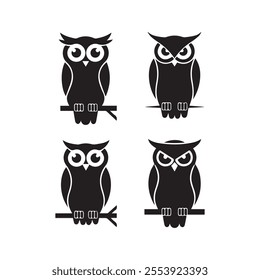 Owl set silhouette illustration in isolated white background. 