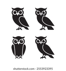 Owl set silhouette illustration in isolated white background. 