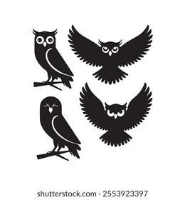 Owl set silhouette illustration in isolated white background. 