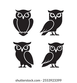 Owl set silhouette illustration in isolated white background. 