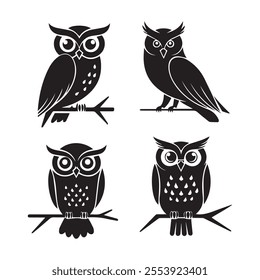 Owl set silhouette illustration in isolated white background. 