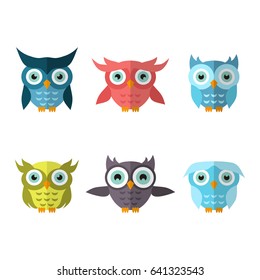  Owl set.Set of six four owls isolated on white background. Flat icons. Vector illustration.