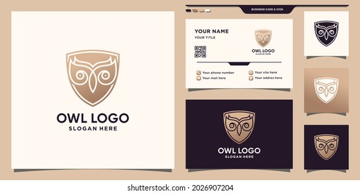 Owl and shield logo template with negative space concept and business card design Premium Vector
