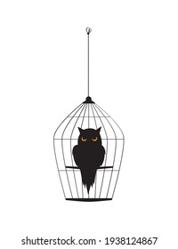 Owl silhouette in cage, vector. Owl illustration isolated on white background. Wall art, artwork, wall decals. Bird in cage concept