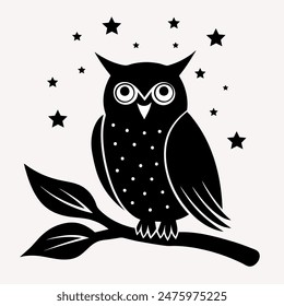 Owl silhouette, cartoon cute owl sitting on branch switch Board Wall decal Sticker, wall art decor, kids wall artwork isolated on white background, Wall decals and minimalist poster design.