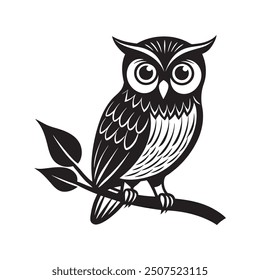 Owl silhouette, cartoon cute owl sitting on branch switch Board Wall decal Sticker, wall art decor, kids wall artwork isolated on white background, Wall decals and minimalist poster design, owl icon, 