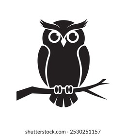 Owl silhouette, cartoon cute owl sitting on branch, wall art decor, owl wall artwork isolated on white background