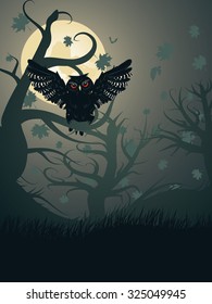 Owl silhouette in the dark night forest with full moon.