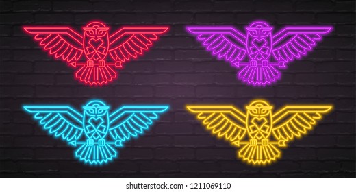 Owl Silhouette Different Color Version Neon Light Glowing Vector Illustration 