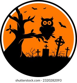 Owl silhouette in full moon night in cemetery. Vector round sticker for Halloween party