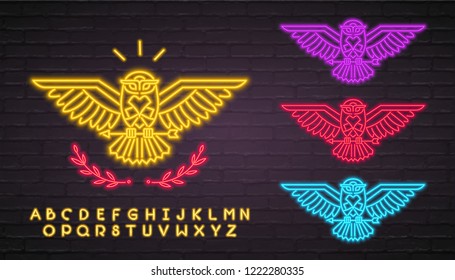 Owl Silhouette Neon Light Glowing Vector Illustration with Yellow Alphabet 