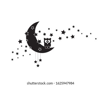 Owl silhouette on moon, vector. Moon with stars, illustration. Wall art design, wall artwork, wall decals isolated on white background. Wall decoration