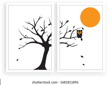 Owl silhouette on tree on full moon, vector. Scandinavian minimalist art design. Two pieces poster design. Wall art, artwork. Tree illustration in autumn season