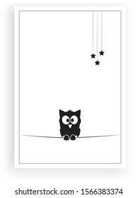 Owl silhouette on wire with stars. Funny illustration, vector, cartoon, children wall decals, kids wall artwork isolated on white background, minimalist poster design
