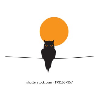Owl silhouette on wire on sunset, vector. Owl silhouette illustration isolated on white background. Cartoon illustration. Wall art, artwork, wall decals. Minimalist poster design