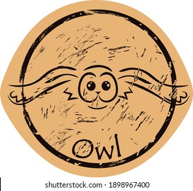 Owl silhouette vector round shabby emblem flat design, old retro style. Owl bird icon mail stamp on craft paper. Shape of owl vintage grunge sign. Retro classic design. Flying owl.