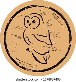 Owl silhouette vector round shabby emblem flat design, old retro style. Owl bird icon mail stamp on craft paper. Shape of owl vintage grunge sign. Retro classic design. Sitting owl.