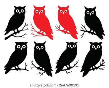 Owl Silhouette Vector Set, Stylized Nocturnal Bird Icons, vector set of owls