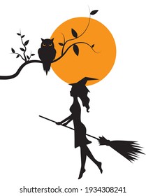 Owl Silhouette and witch on full moon, Vector. Wall Decals, owl on branch cartoon illustration, Wall Art, Art Decor. Bird Silhouette isolated on white background. Minimalist black and white art design