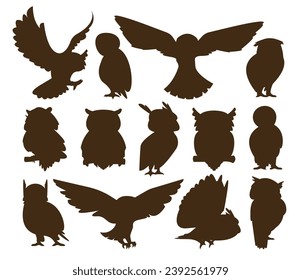 Owl silhouettes. Flying black bird icons for logotype design, nature predator flying silhouettes for tattoo, night owl symbol. Vector isolated set of bird silhouette owl illustration